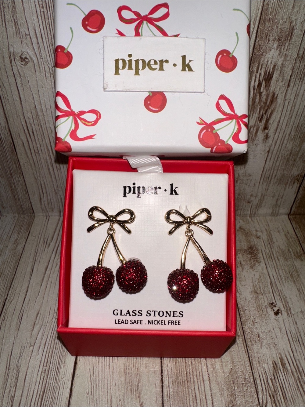 Piper K Gold Bow with Red Glitter Cherry Earrings glass stones NIB